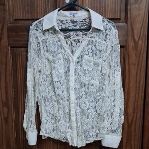 Express Ivory Floral Lace Button-Down Shirt